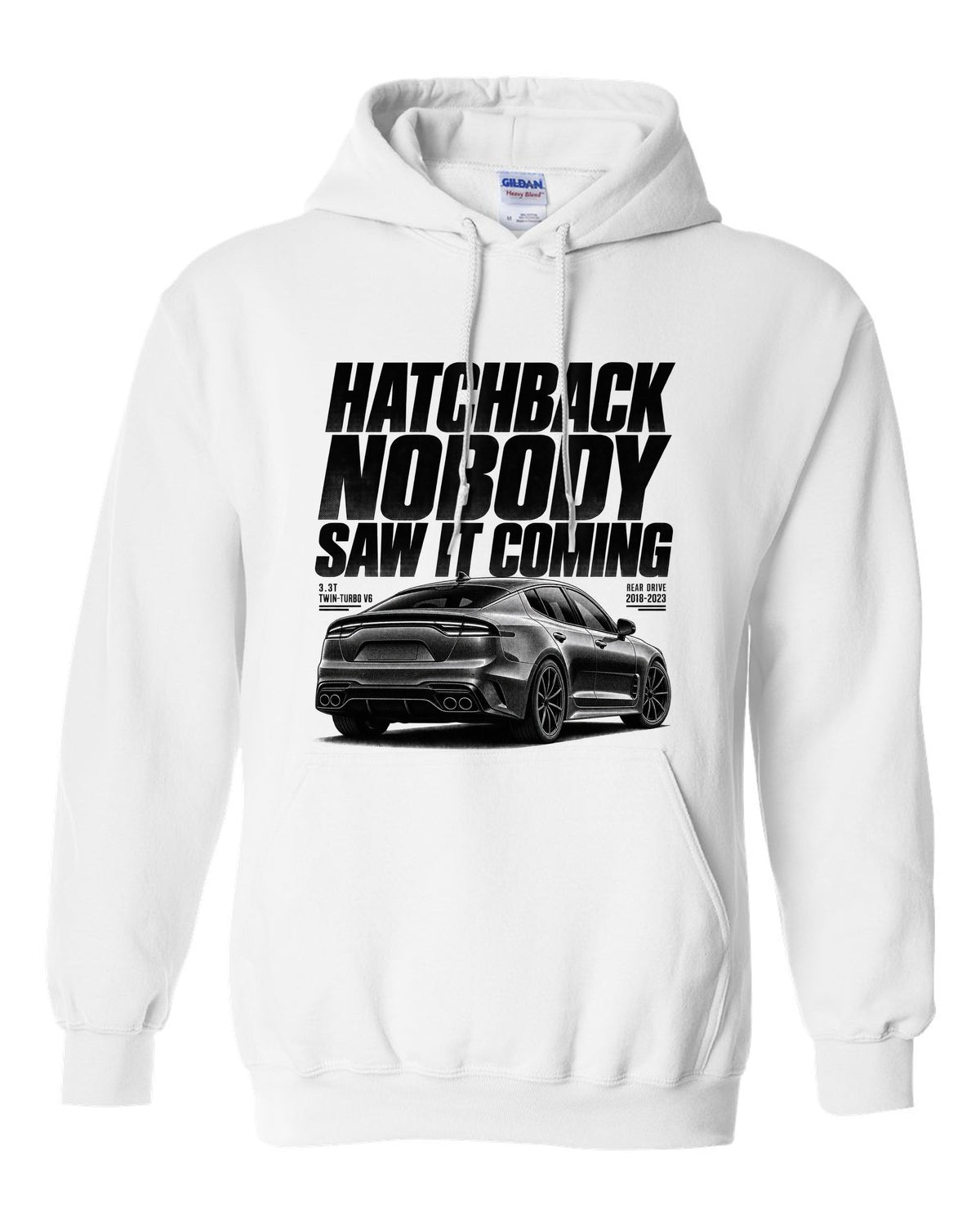 Halftone print of a Kia Stinger GT CK rear three-quarter low angle with chback text white pull over hoodie front view with the design