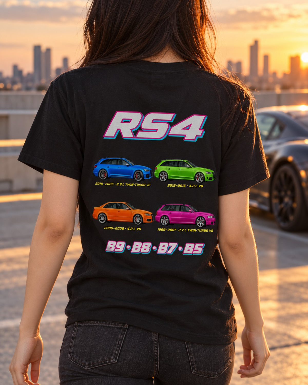 Audi RS4 Evolution Poster Full-Back Graphic Tee T-Shirt Black worn hero