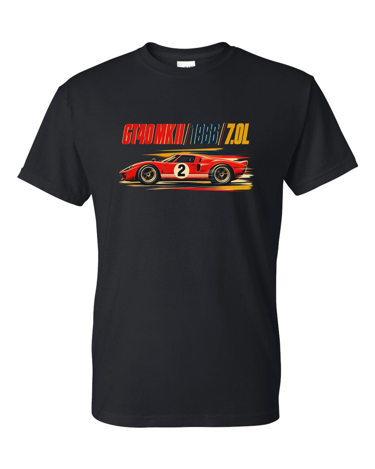 Vintage litho race poster of a 1966 Ford GT40 Mk II with 7.0L lettering black t-shirt front view with the design