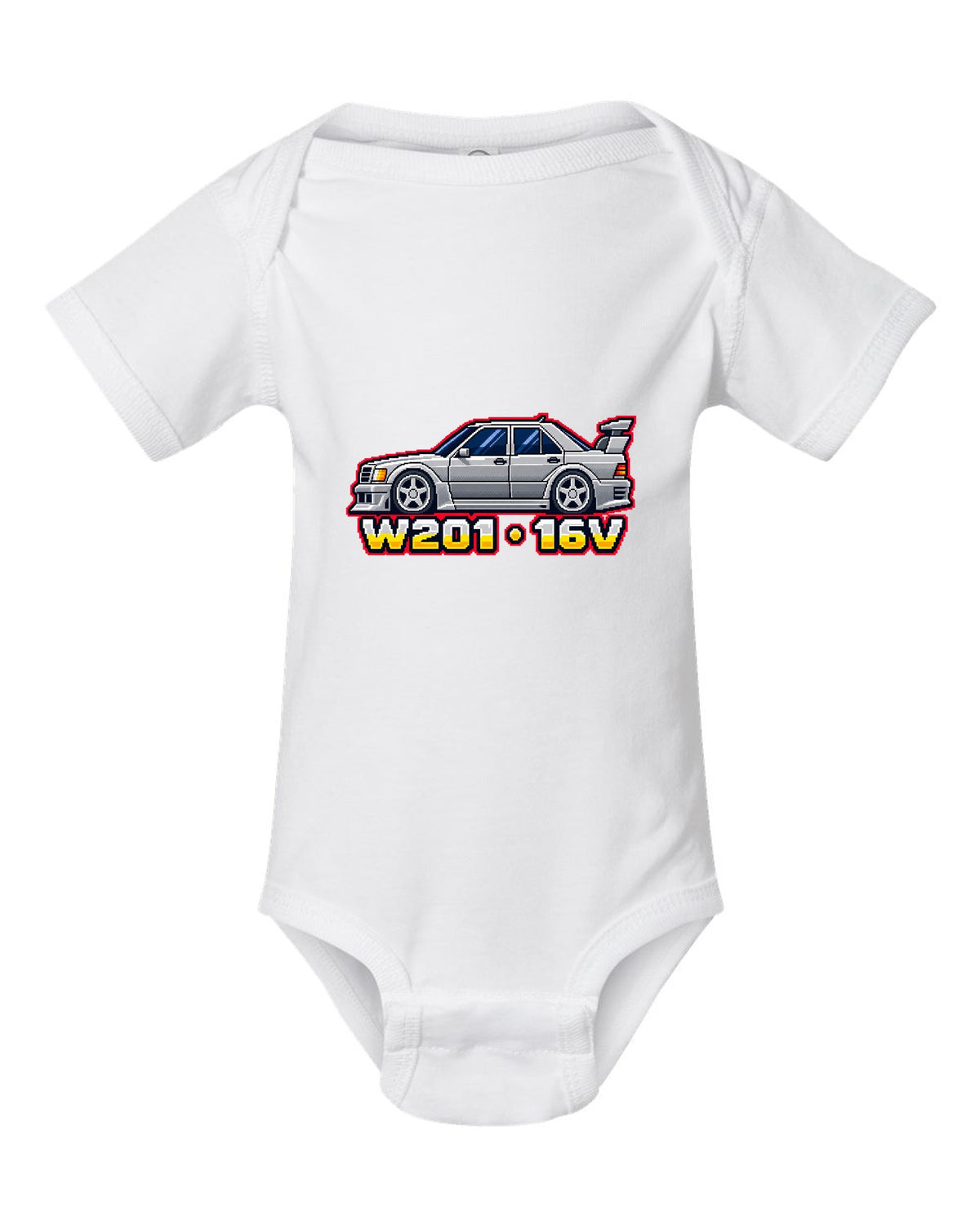Mercedes 190E Evo II W201 16-Bit Pixel Art Tee, Car white baby onesie front view with the design