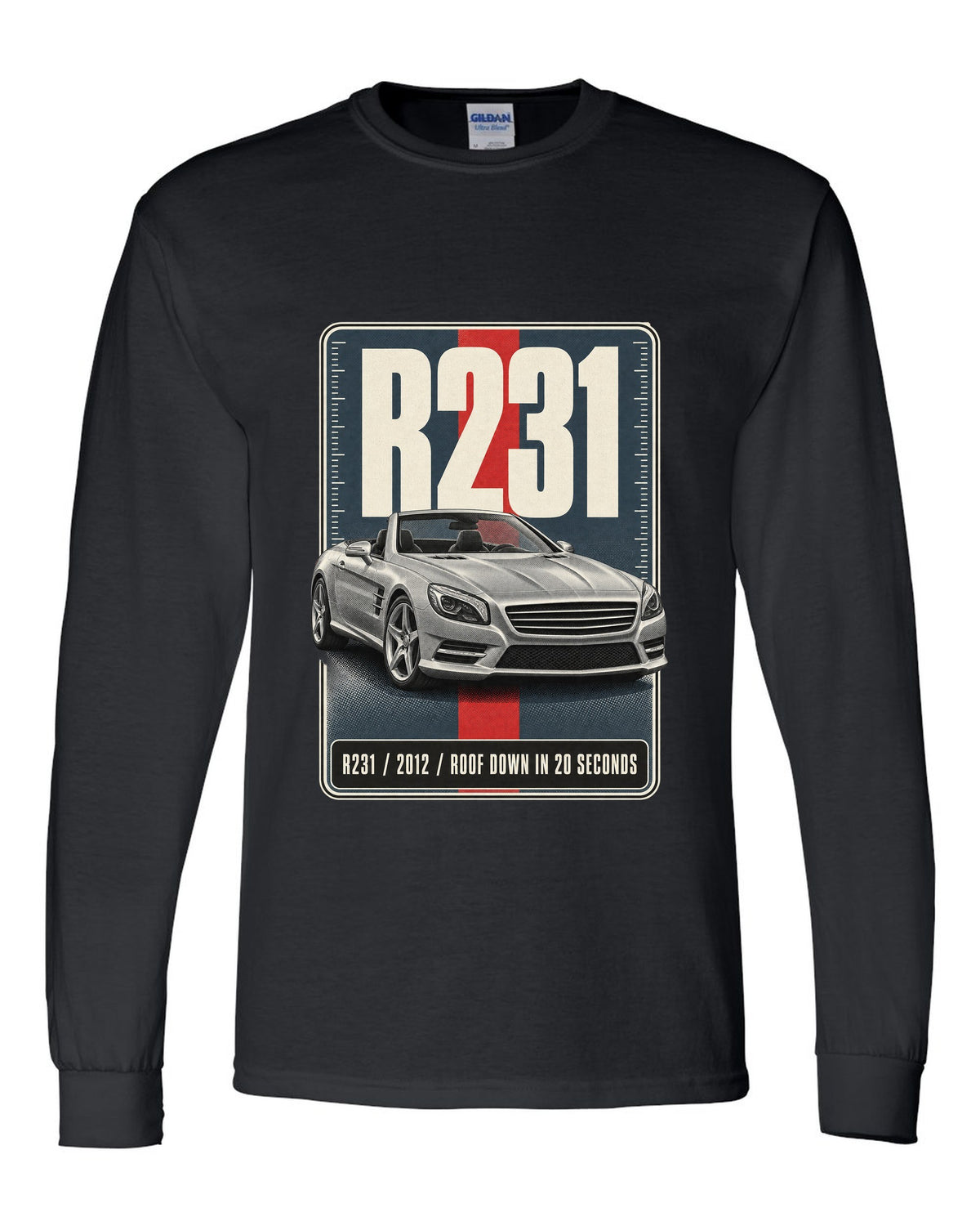 Mercedes-Benz SL R231 low front three-quarter halftone print in warm grey black long sleeve front view with the design
