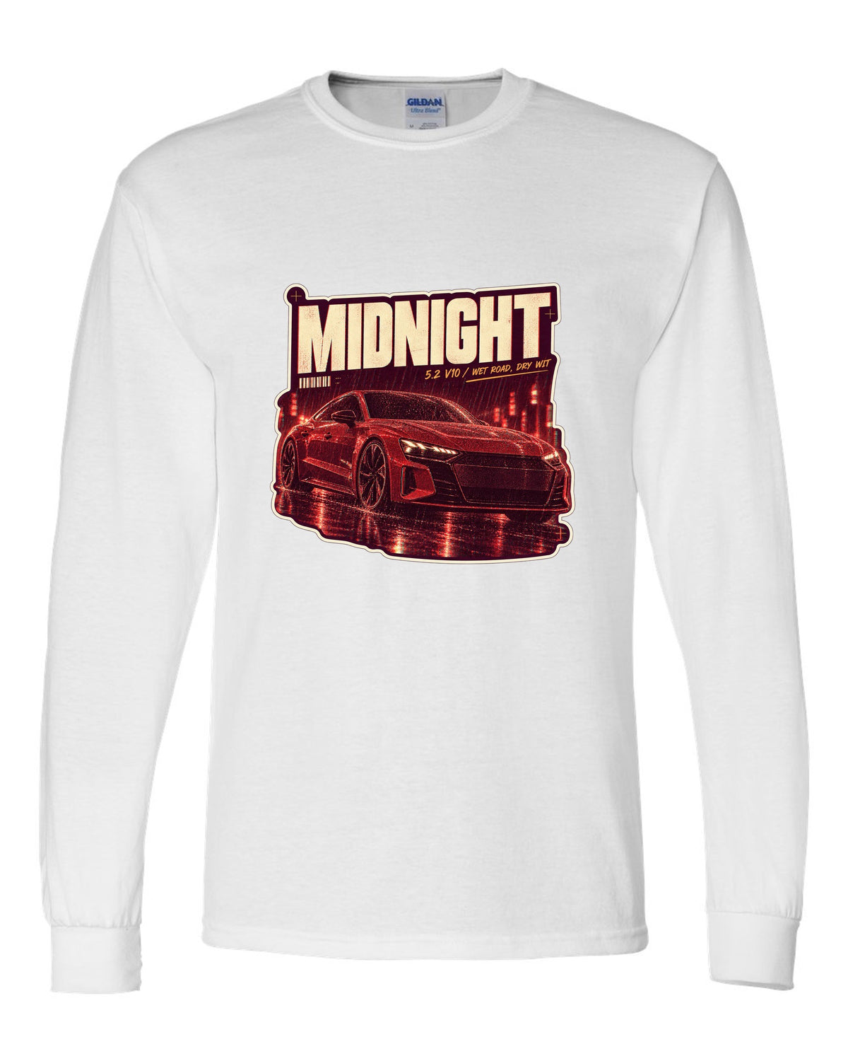 Audi R8 V10 performance on a wet night street print design white long sleeve front view with the design