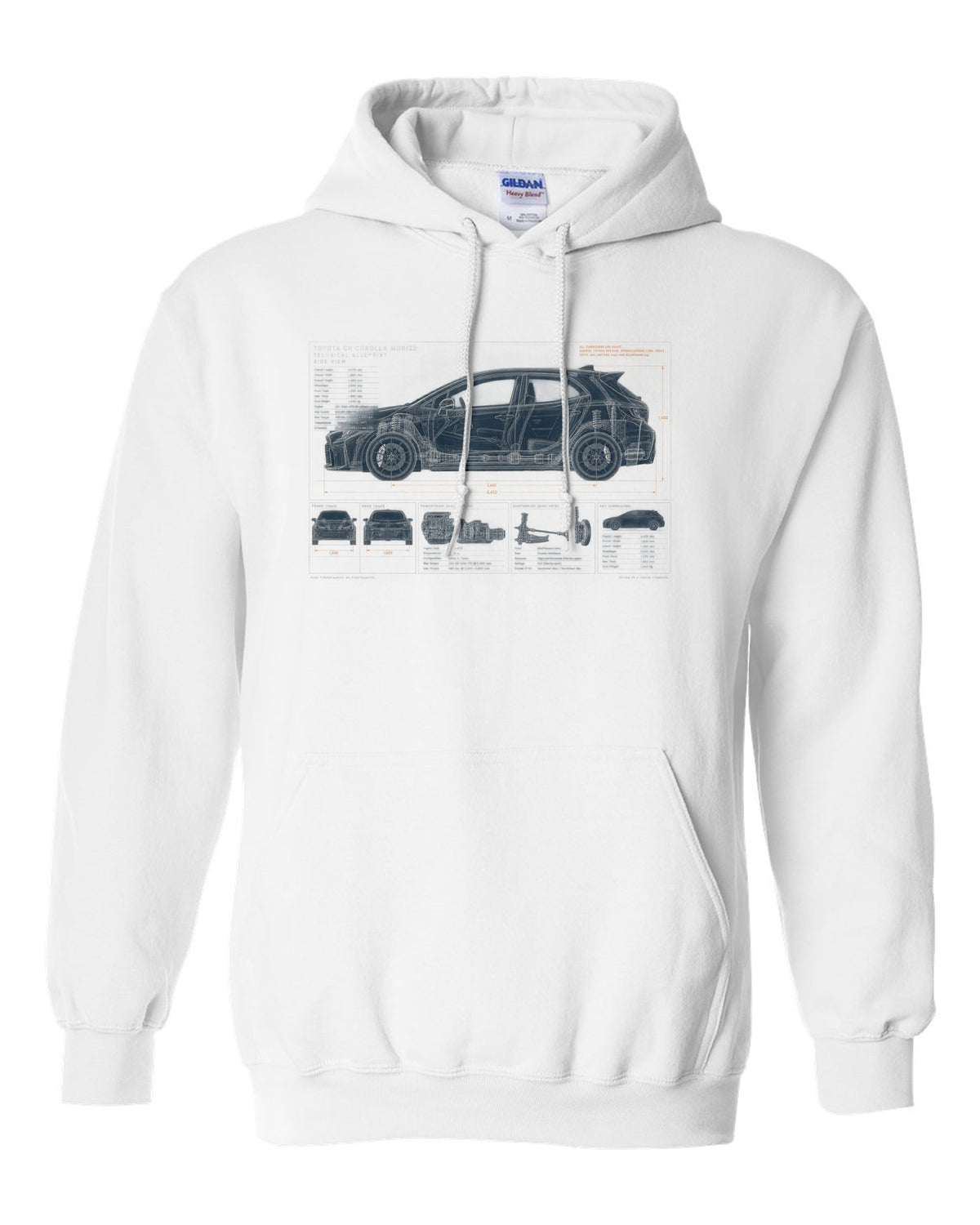 Toyota GR Yaris 2024 facelift front three-quarter with editorial headline white pull over hoodie front view with the design