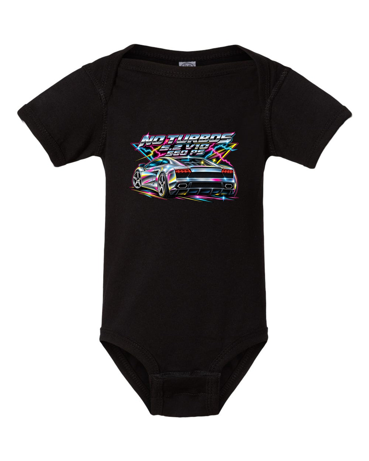 80s airbrush chrome Lamborghini Gallardo LP560-4 with the text NO TURBOS / 5.2 V10 / 560 PS black baby onesie front view with the design
