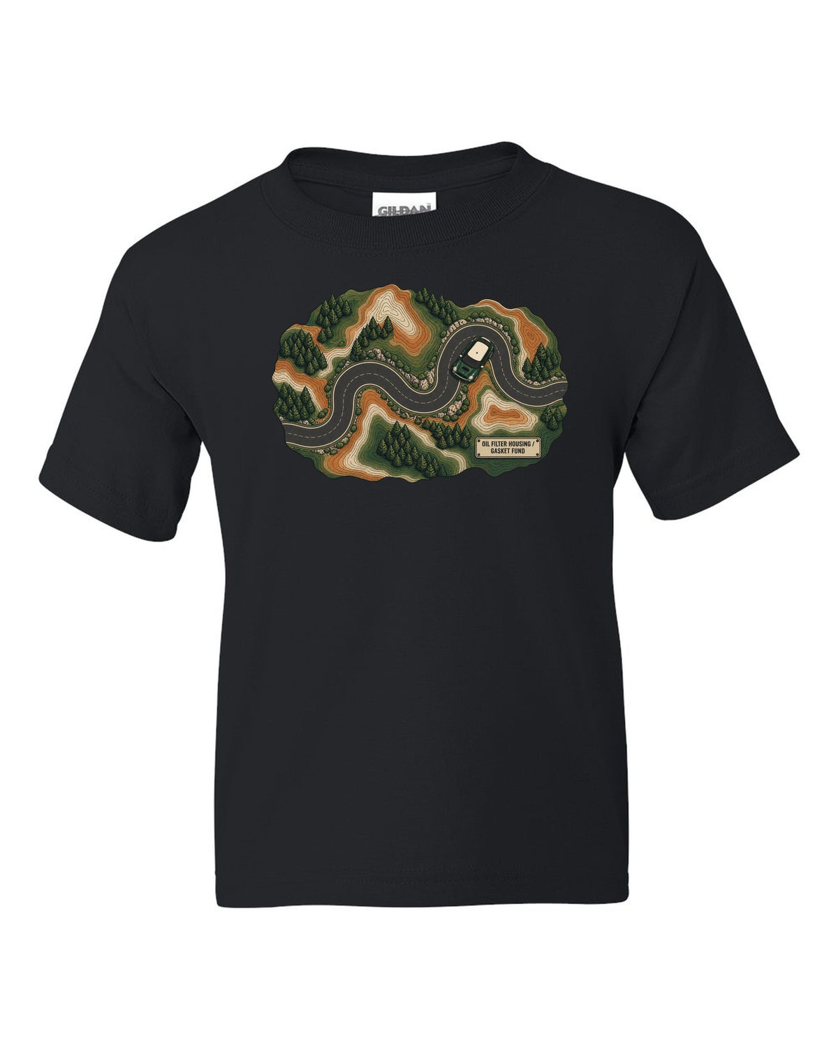 Topographic route map design of a Mini Cooper S R56 with gasket fund text black kids tee front view with the design