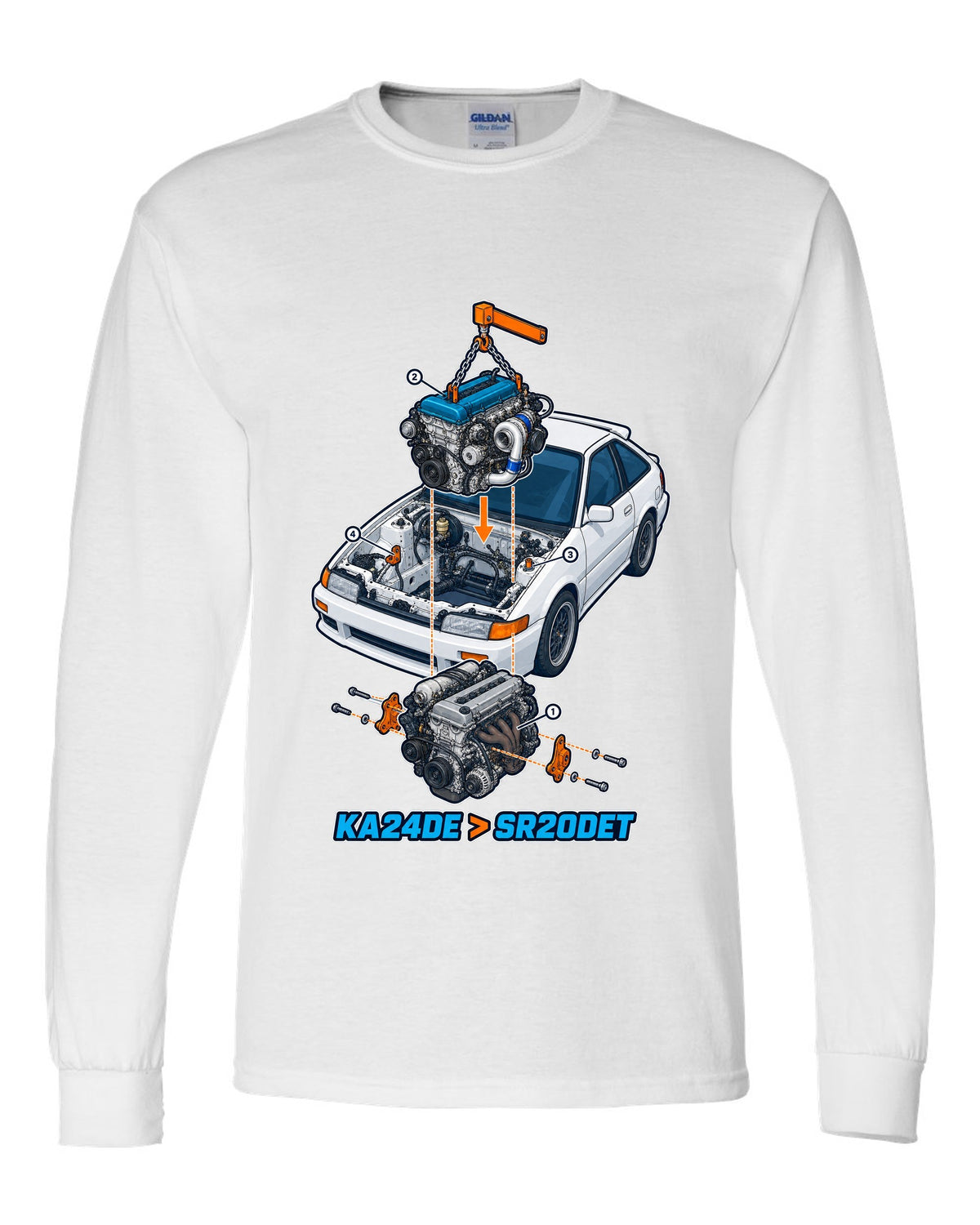 Exploded isometric engine cutaway for a Nissan S13 KA24DE to SR20DET swap white long sleeve front view with the design