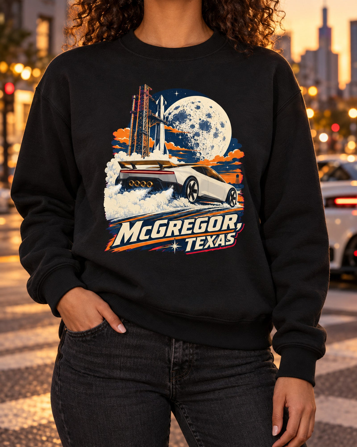 Tesla Roadster McGregor Texas Shirt, Hoodie & More Crewneck Black worn hero