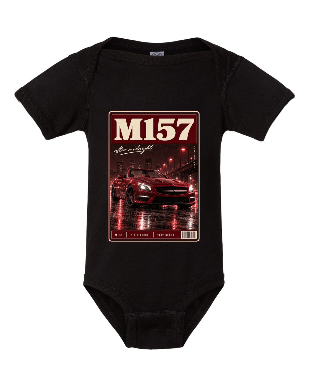 Mercedes-Benz SL63 R231 low front three-quarter night street scene in red monochrome black baby onesie front view with the design