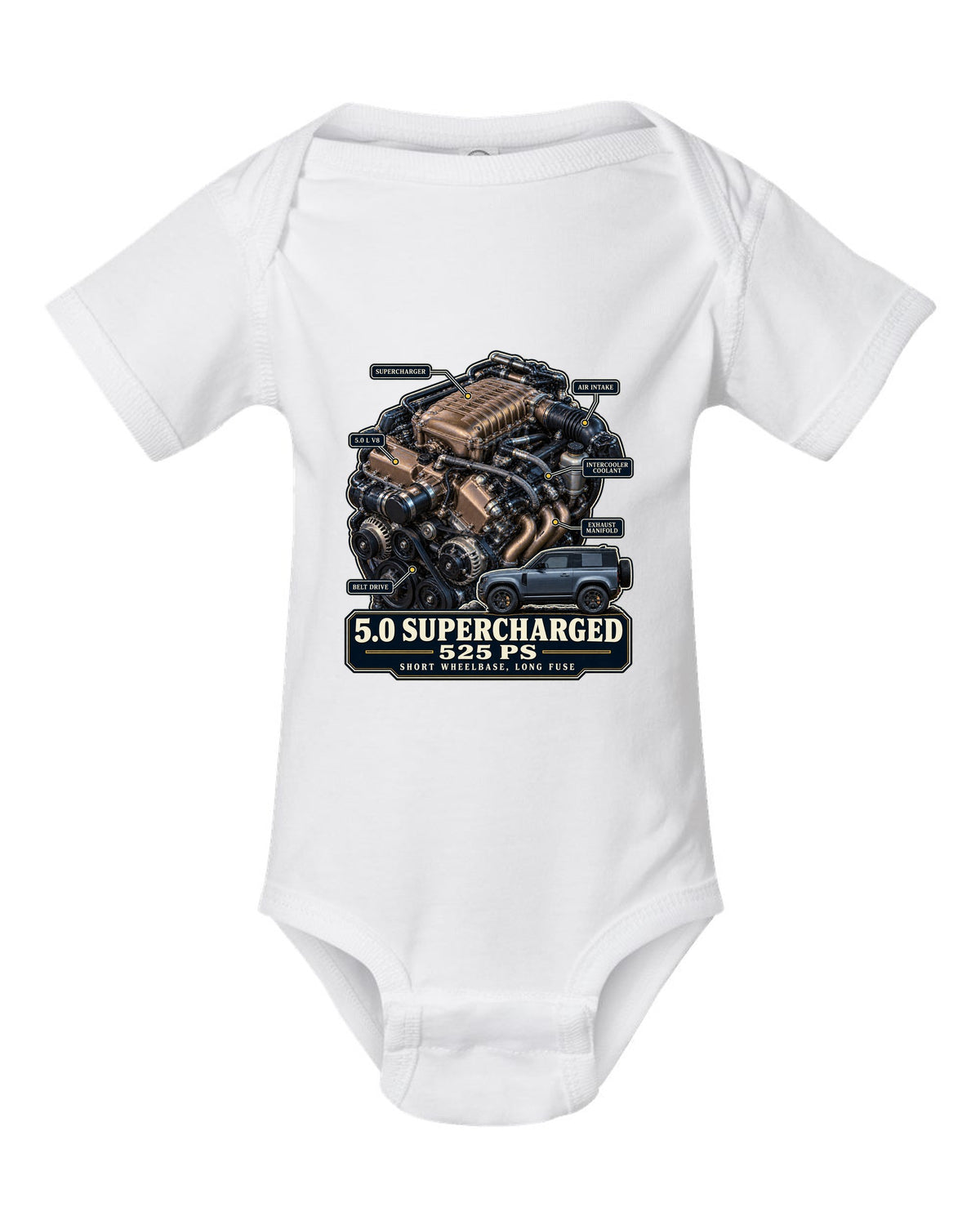 Engine hero print of the Land Rover Defender 90 V8 5.0 supercharged L663 white baby onesie front view with the design