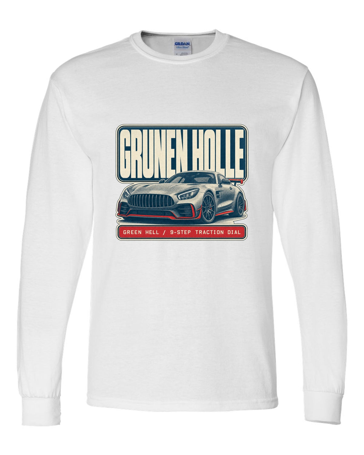 Mercedes-AMG GT R C190 halftone Green Hell print white long sleeve front view with the design