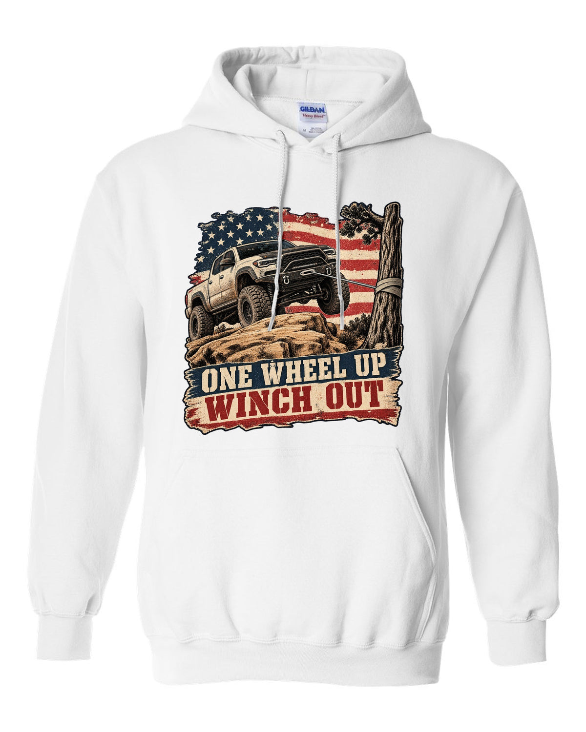 Distressed screen-print print of a Ram 2500 Power Wagon with one wheel lifted on a ledge white pull over hoodie front view with the design
