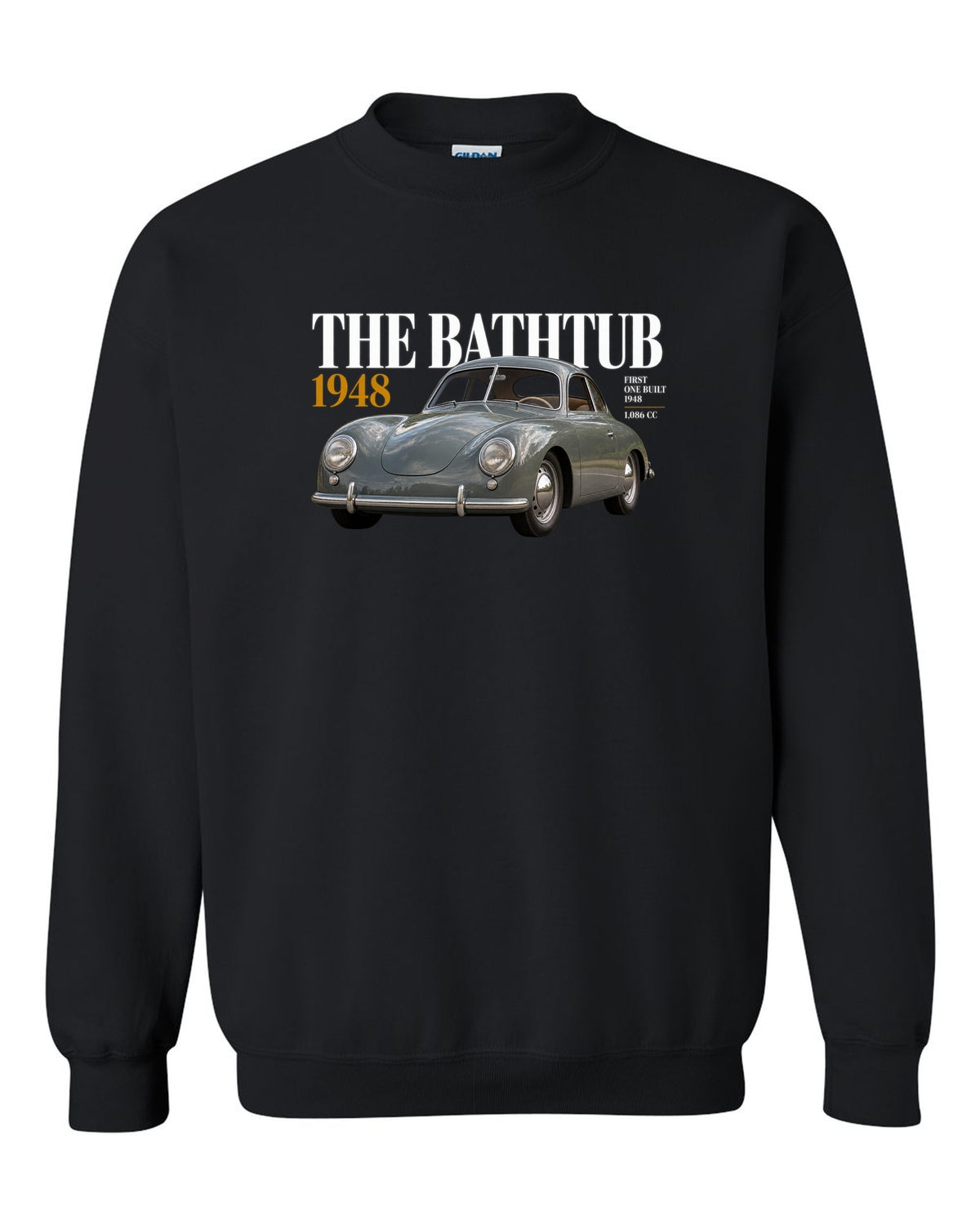 Editorial headline print of the 1948 Porsche 356 Pre-A coupe nicknamed the Bathtub black crewneck front view with the design