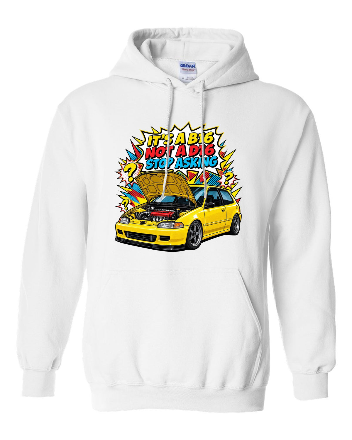 Comic action burst print of a 1992 Honda Civic EG6 ch with it's a B16 not a D16 text white pull over hoodie front view with the design