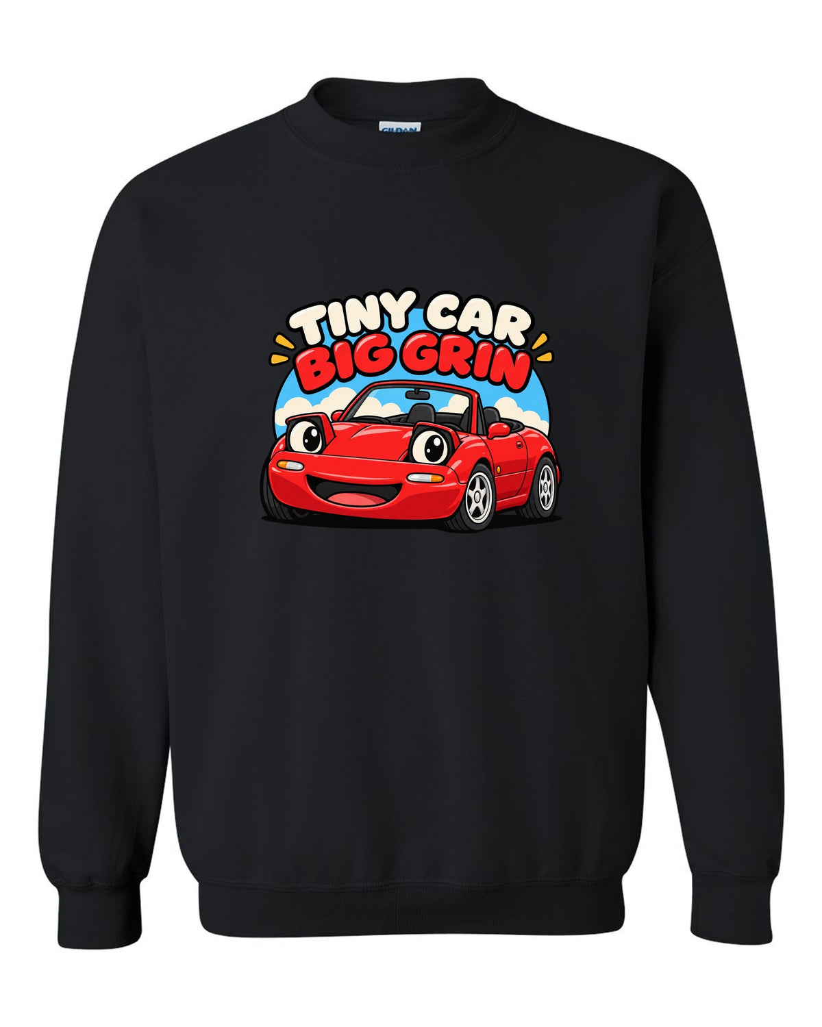 Topographic contour map of a touge road with a Mazda MX-5 ND route black crewneck front view with the design