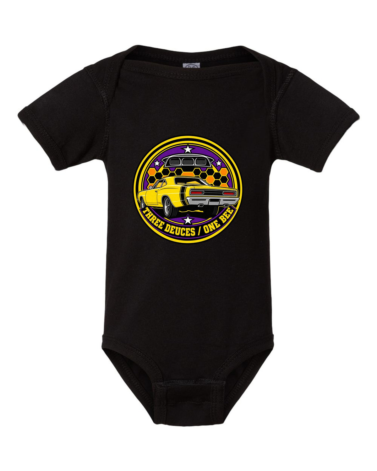 Round crest design for the 1969 Dodge Coronet Super Bee reading three deuces one bee black baby onesie front view with the design