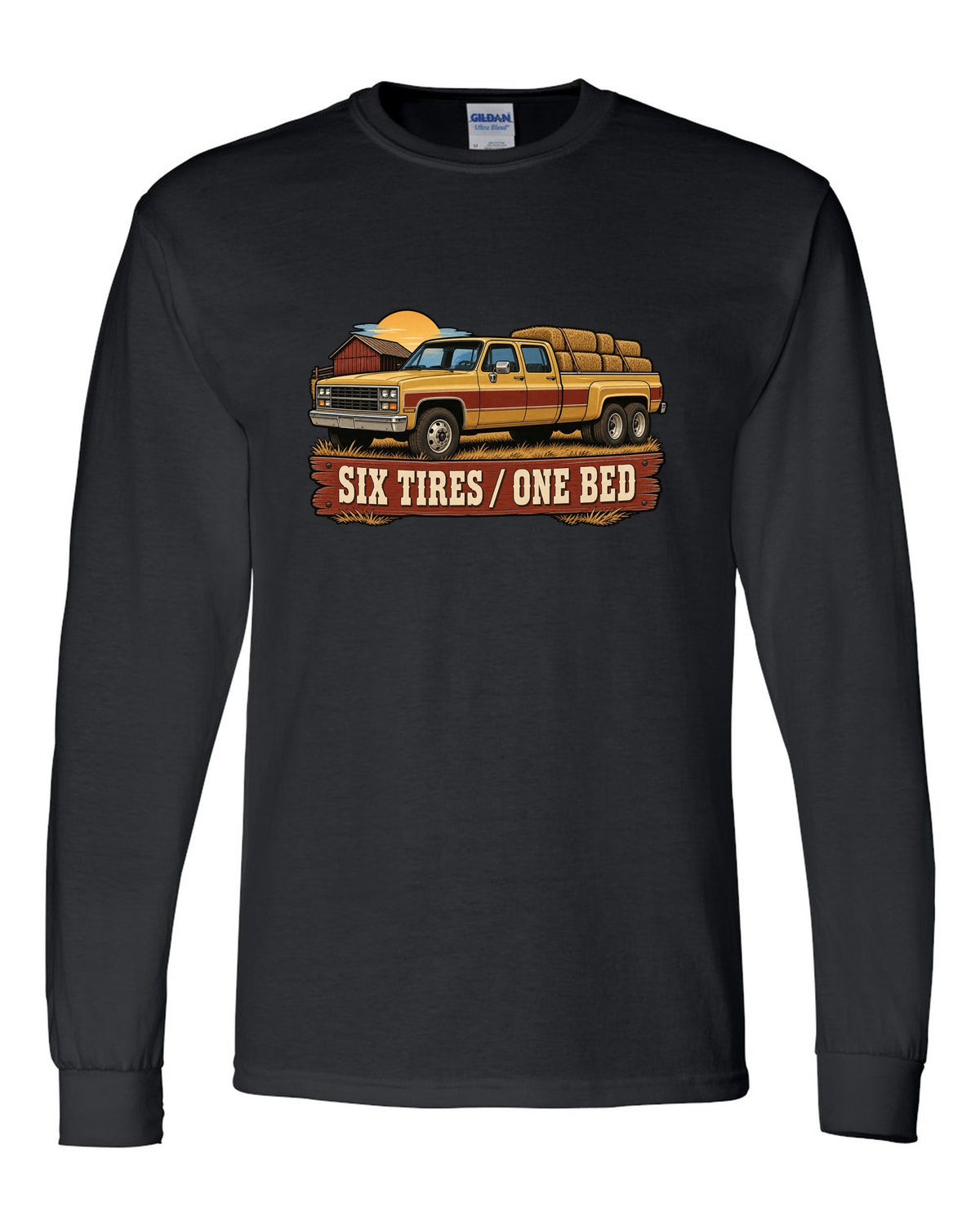 Vintage dealer-ad style print of a 1973-87 Chevrolet C20 Squarebody crew cab with six tires one bed lettering black long sleeve front view with the design