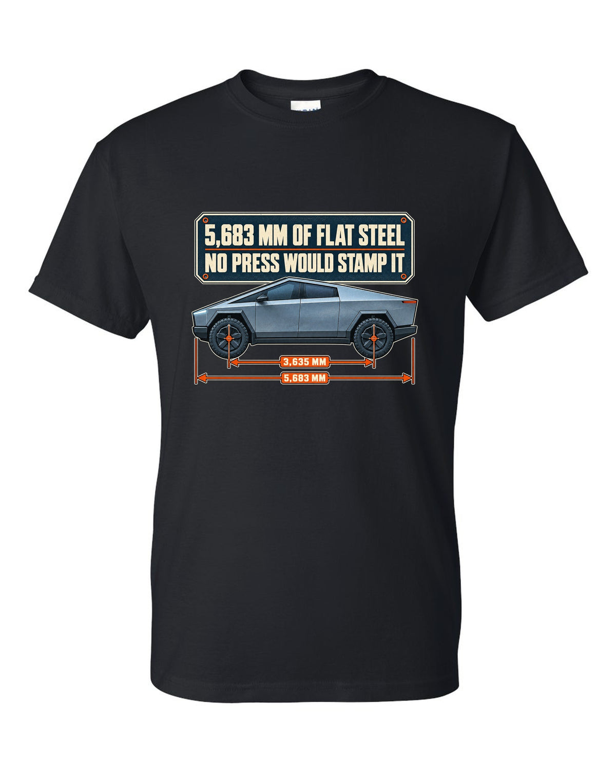Dimension blueprint print of a Tesla Cybertruck with 5,683 mm length black t-shirt front view with the design