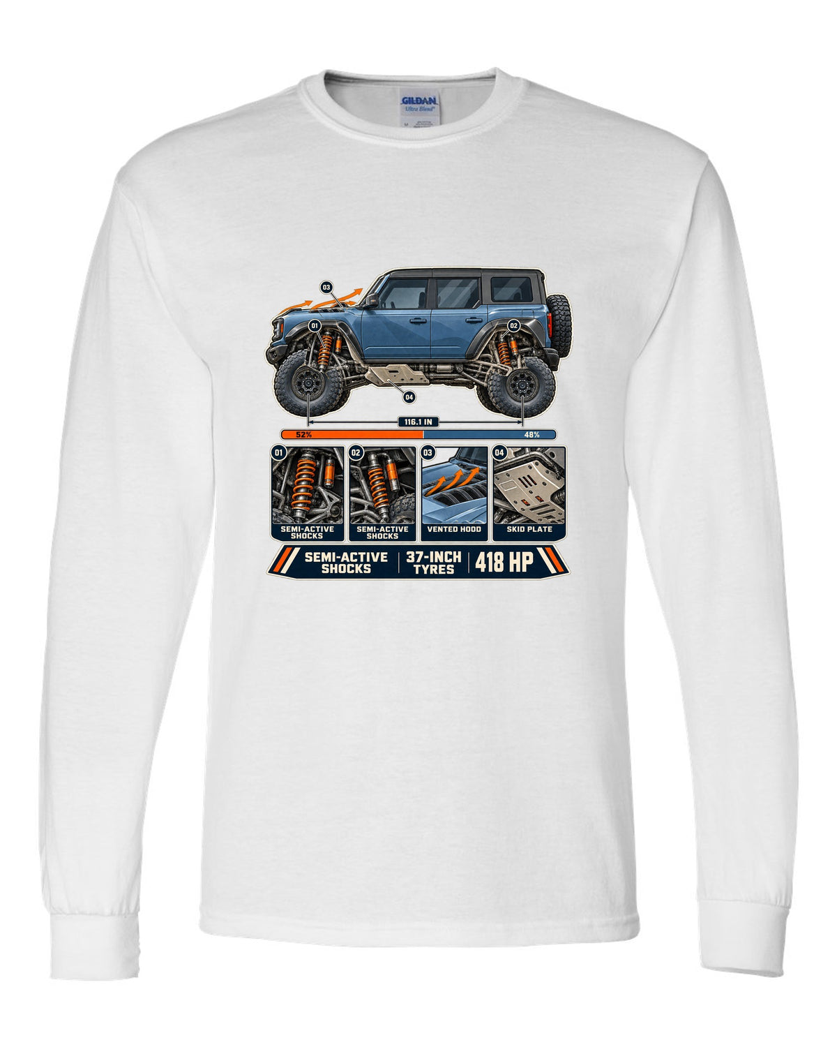 Ford Bronco Raptor suspension cutaway with callouts print white long sleeve front view with the design