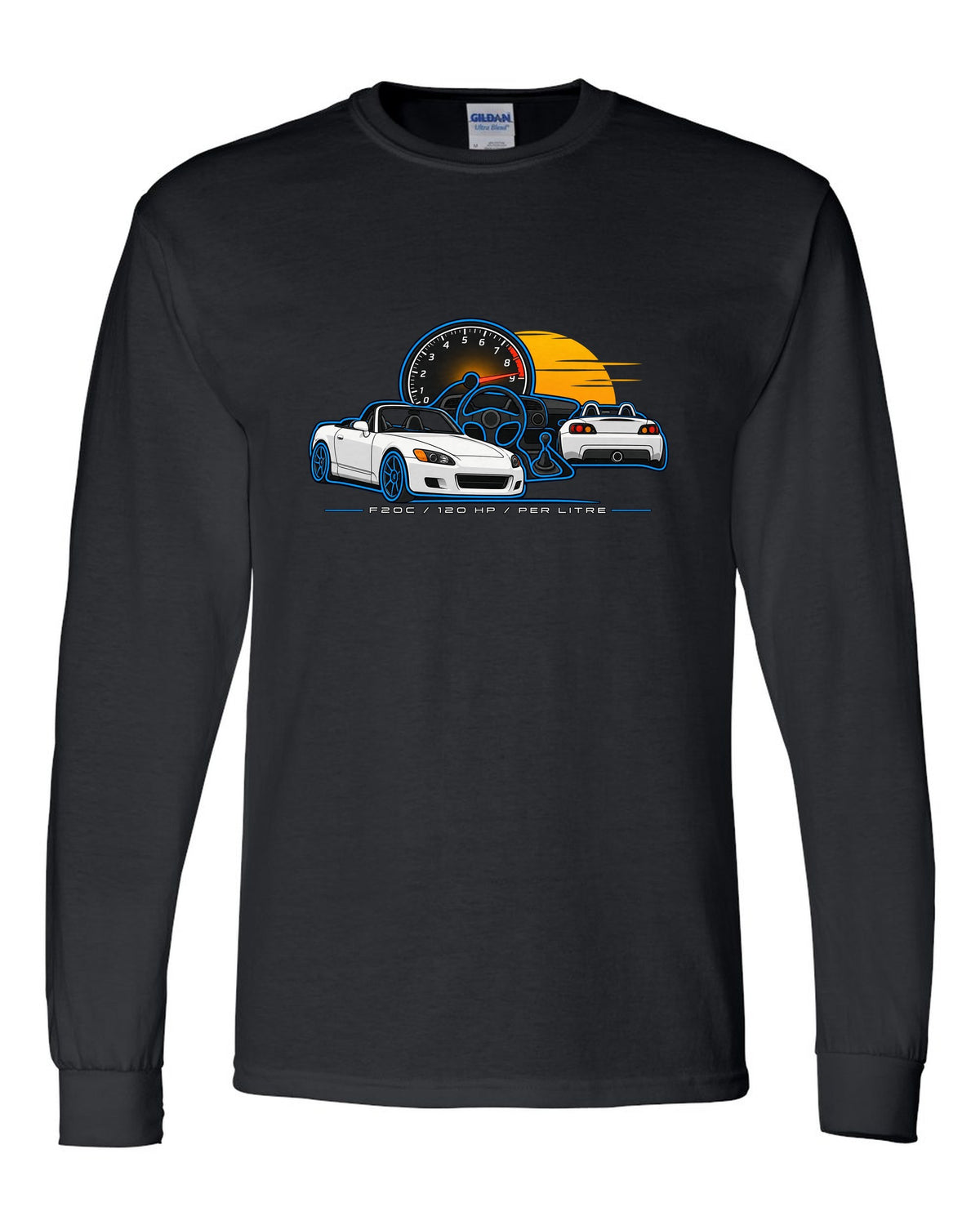Minimal single-line contour print of a 1999 Honda S2000 AP1 with F20C 120 HP Per Litre lettering black long sleeve front view with the design