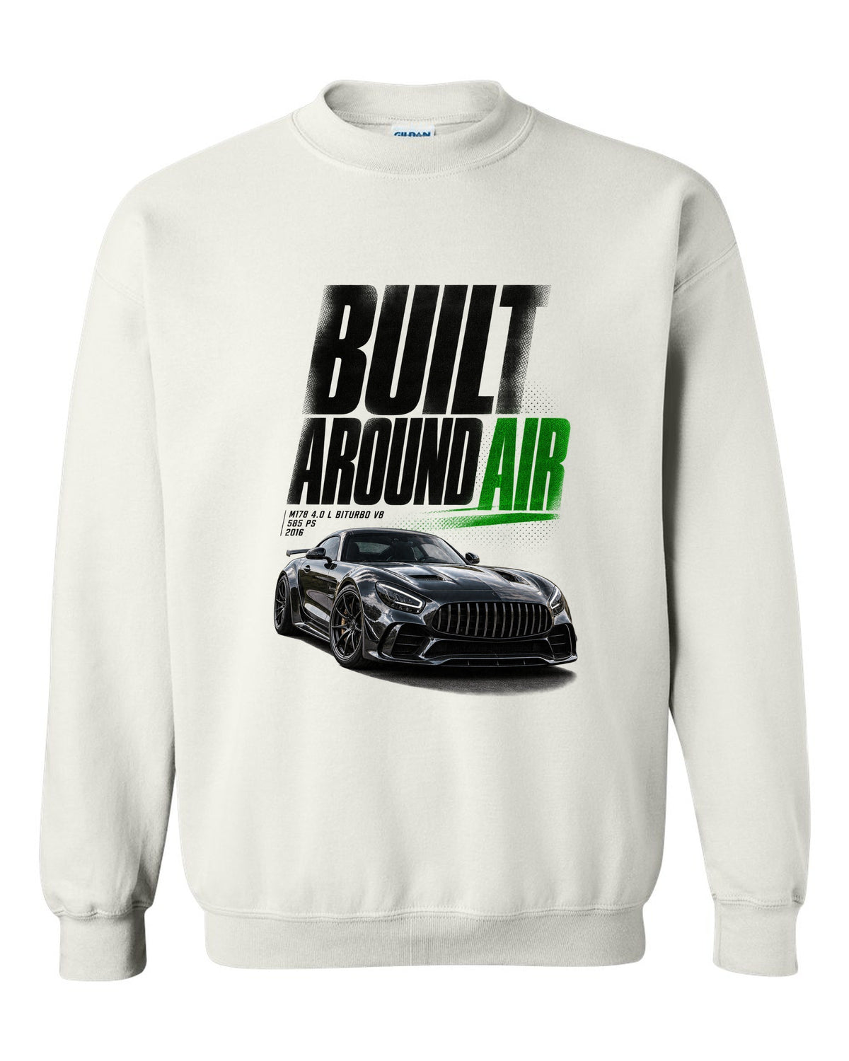 Halftone statement print of a Mercedes-AMG GT R C190 with Built Around Air lettering white crewneck front view with the design