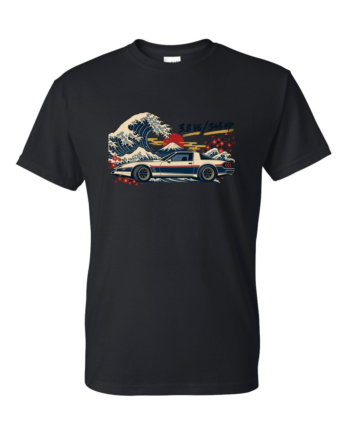 Ukiyo-e woodblock print of a Hyundai Genesis Coupe BK2 with 3.8 V6 348 HP text black t-shirt front view with the design