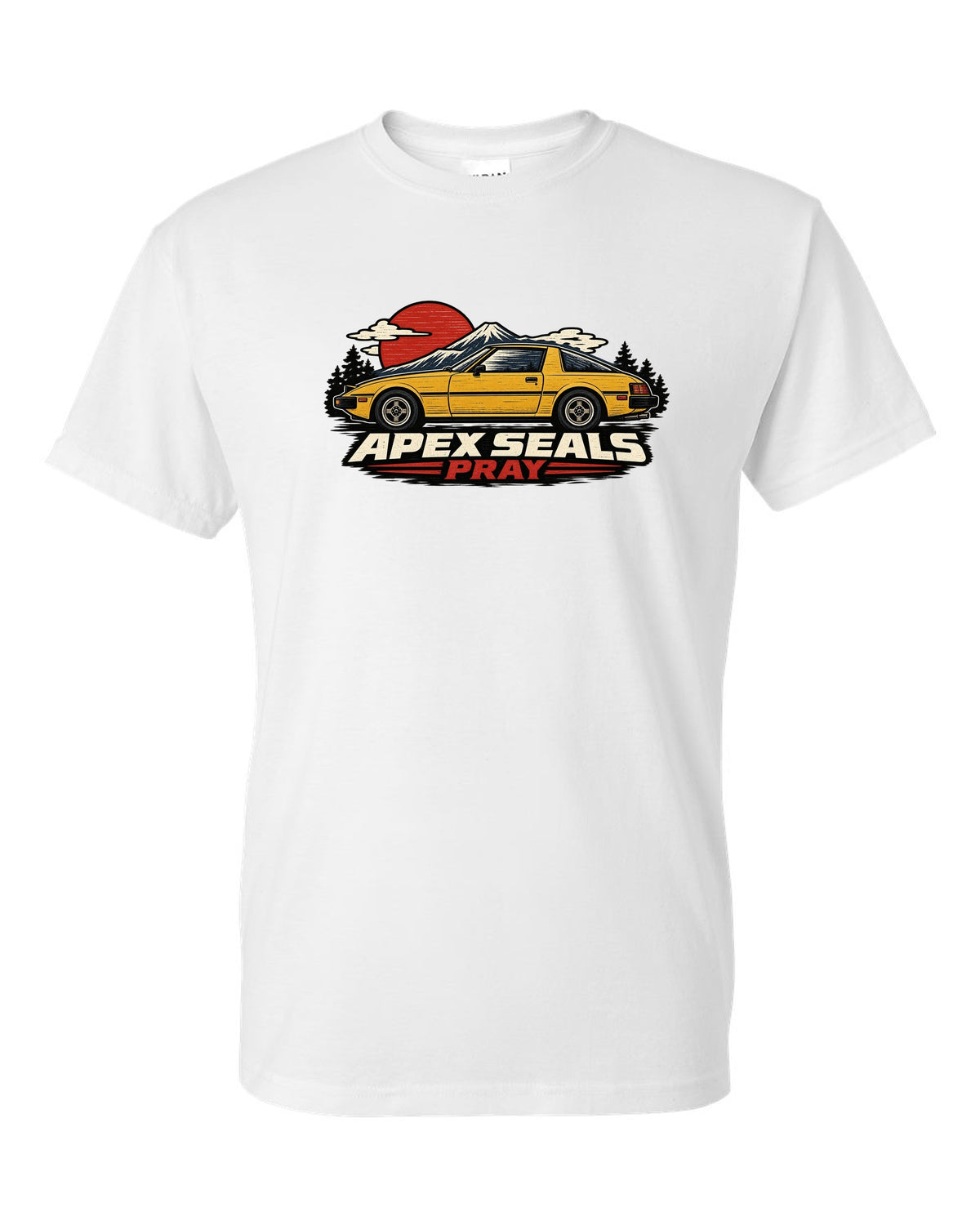Mazda RX-7 SA22C Linocut Side Profile white t-shirt front view with the design