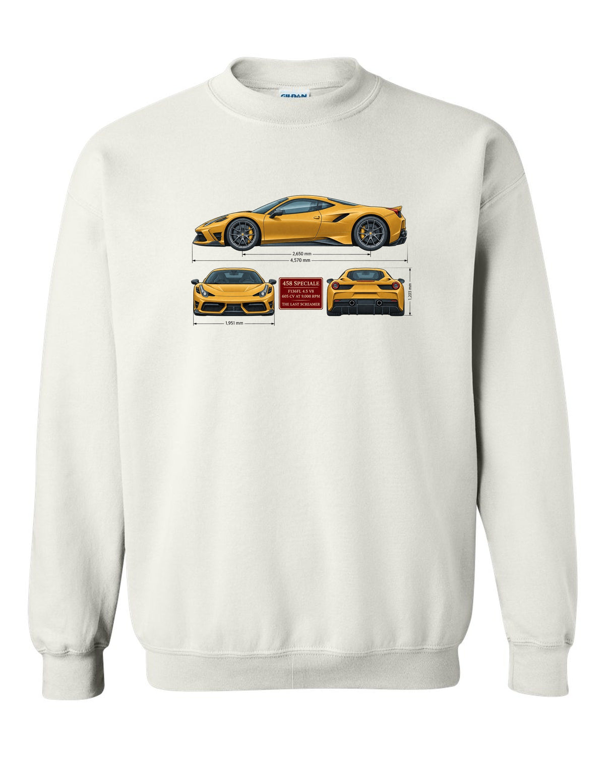 Three-view spec table print of the Ferrari 458 Speciale in ochre white crewneck front view with the design