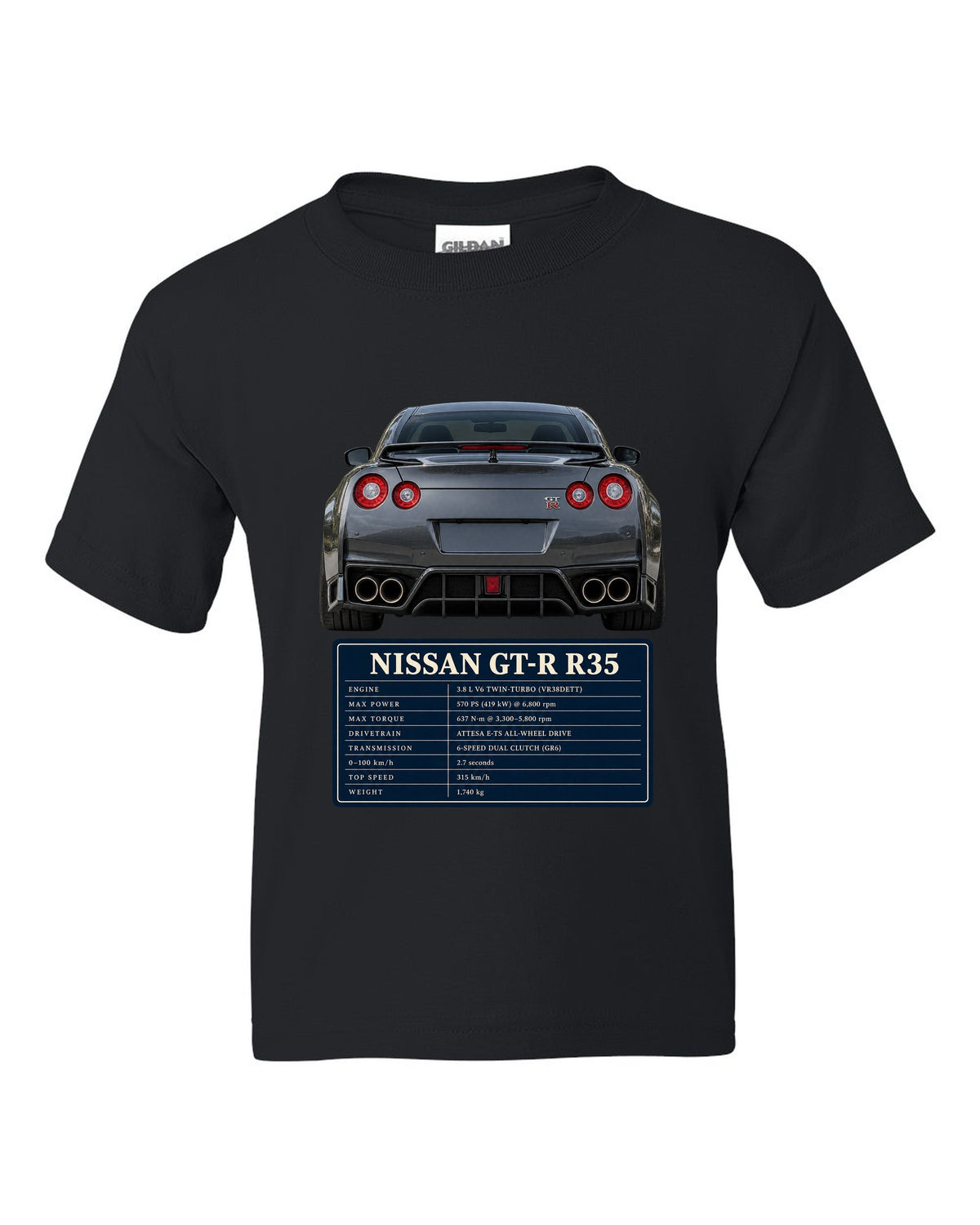 Close crop of Nissan GT-R R35 2014 Premium round taillights black kids tee front view with the design