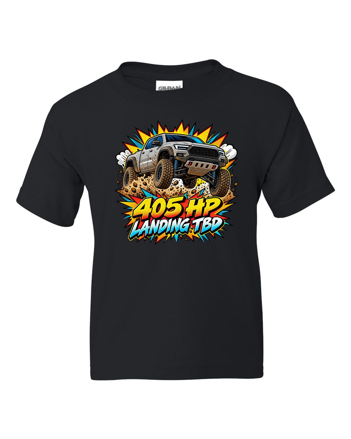 Ford Ranger Raptor P703 mid-jump in a comic pop-art burst print black kids tee front view with the design