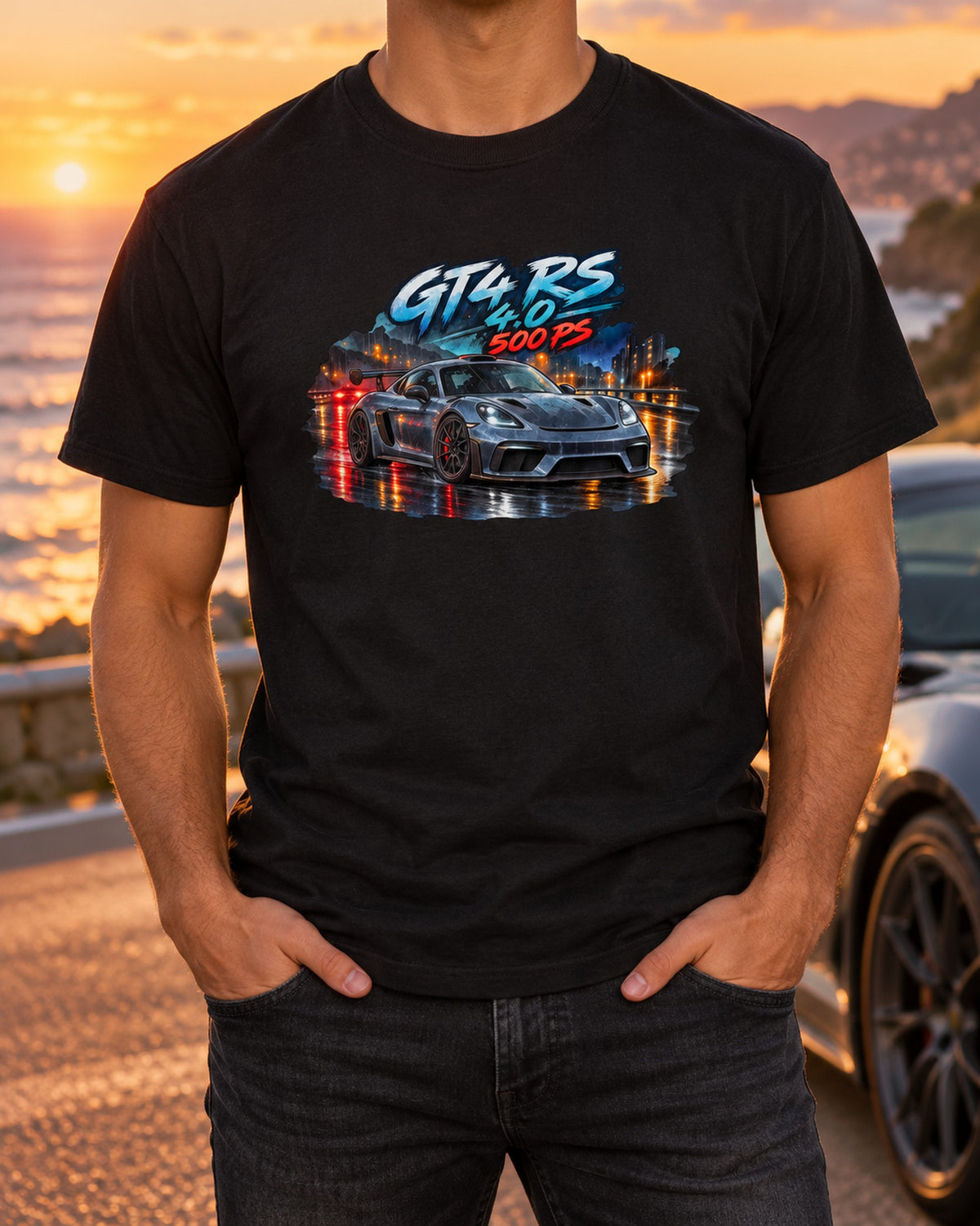 Porsche 982 Cayman GT4 RS Watercolour Night Shirt, 4.0 500 PS T-Shirt Black worn hero
