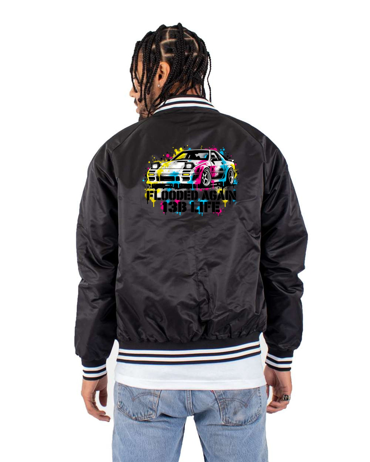 Mazda RX-7 FC3S Flooded Again 13B Life Stencil Street Art Tee Bomber Jacket Black back