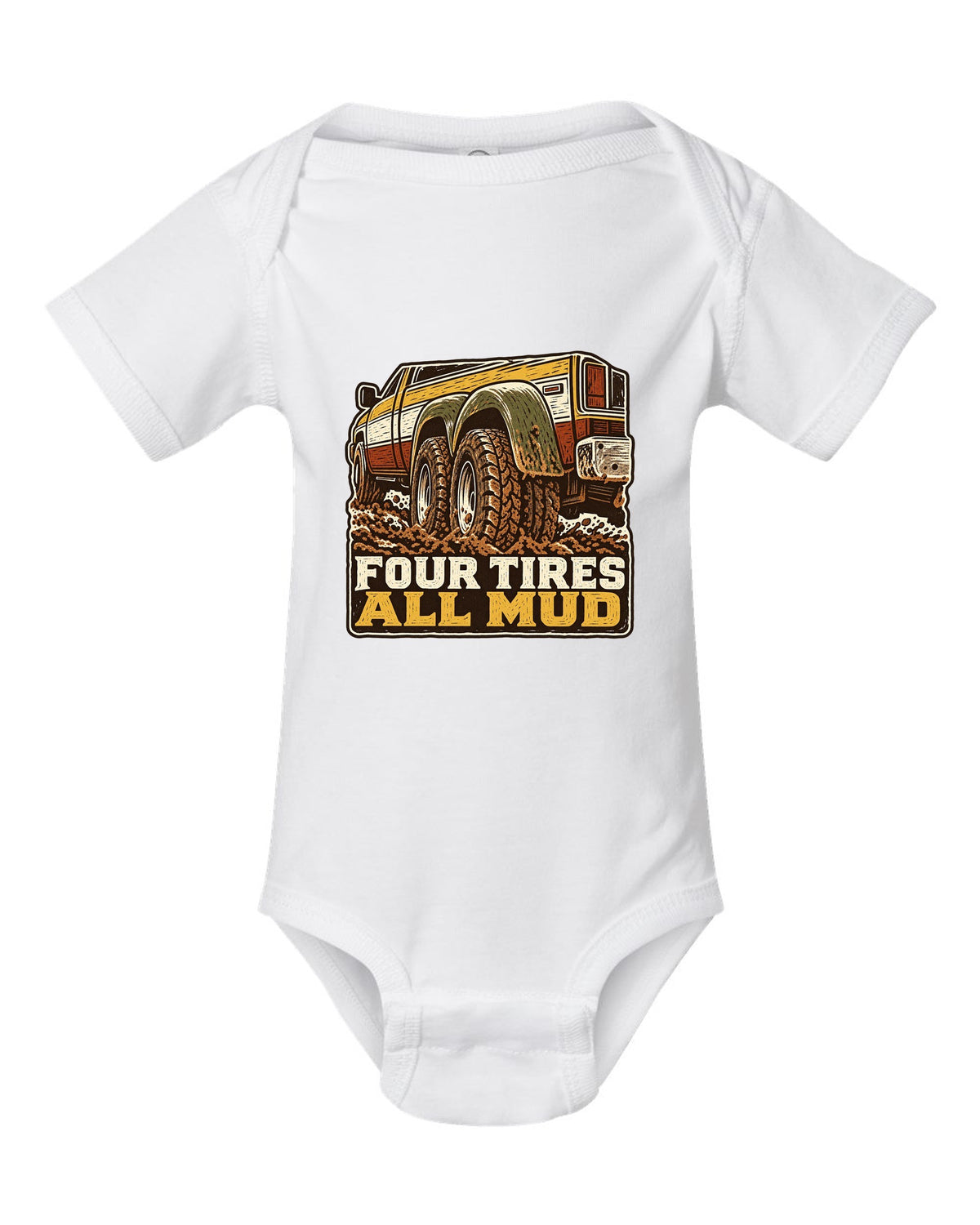 Linocut print of a 1994-1998 Dodge Ram 2nd gen dually in mud with four tires all mud text white baby onesie front view with the design