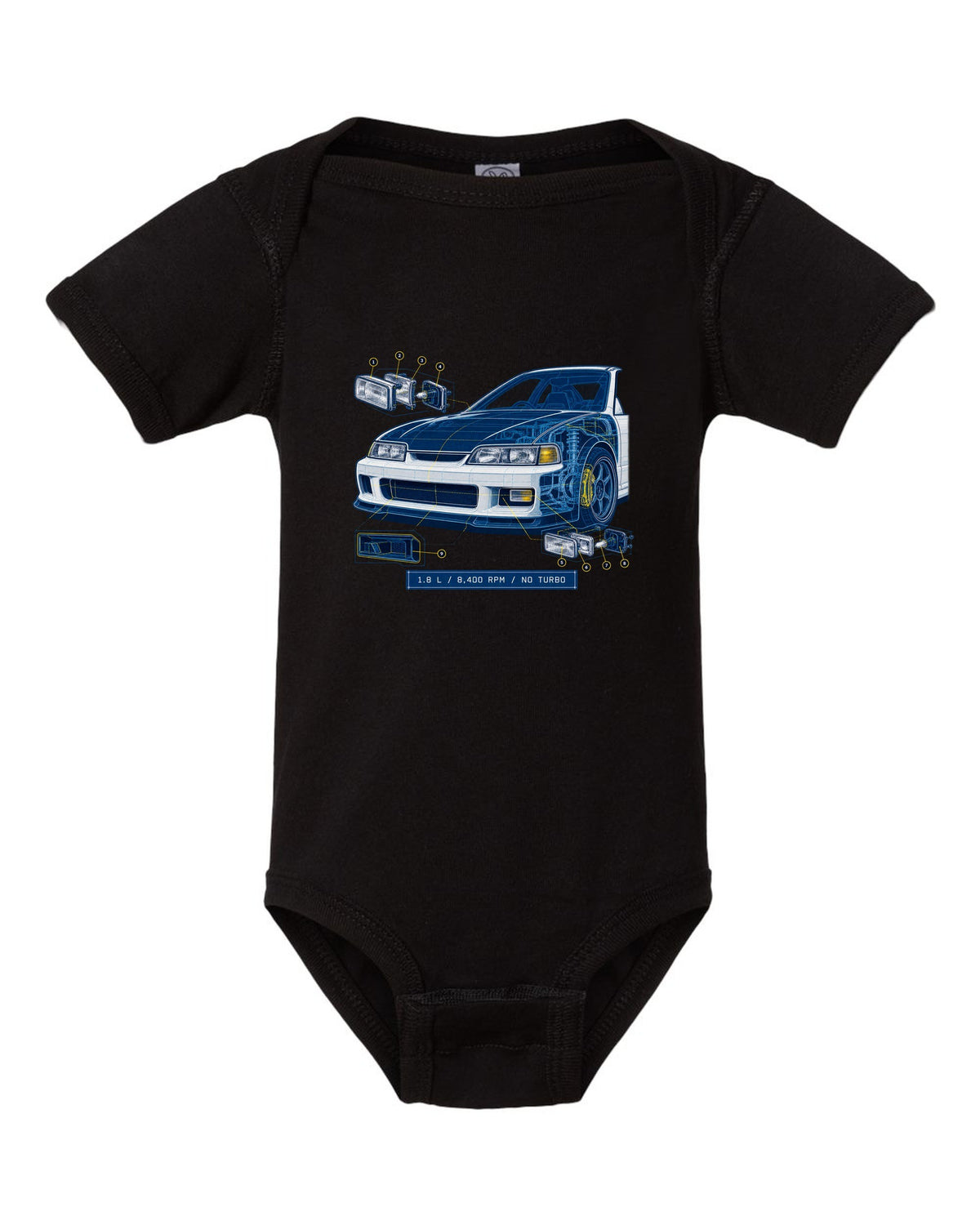 Technical blueprint design of the Honda Integra Type R DC2 with B18C specs black baby onesie front view with the design