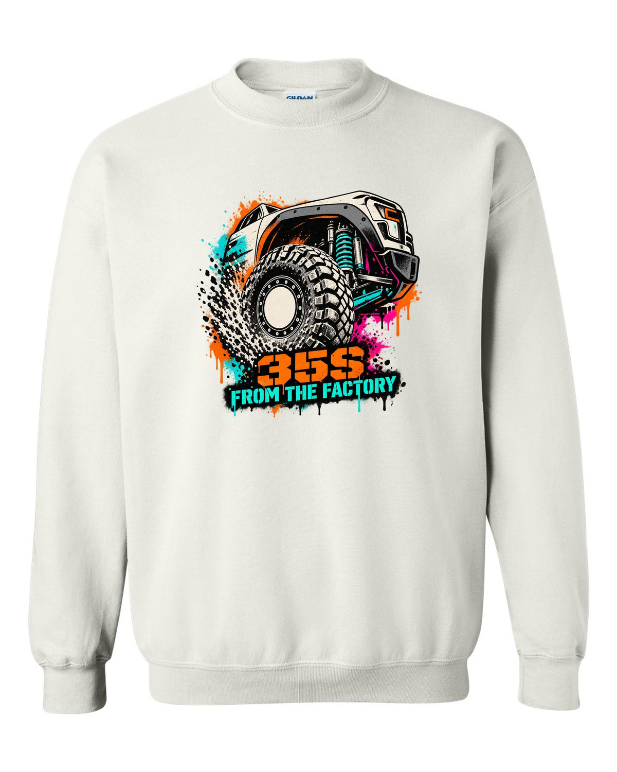 Stencil spray street art print of a Ram 1500 TRX wheel with 35S lettering white crewneck front view with the design