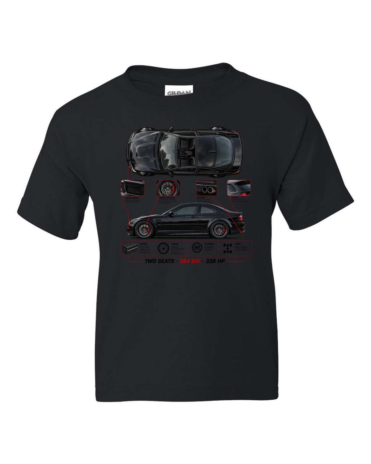 BMW Z4 M Coupe E86 spec poster print with two seats S54 six 338 hp black kids tee front view with the design