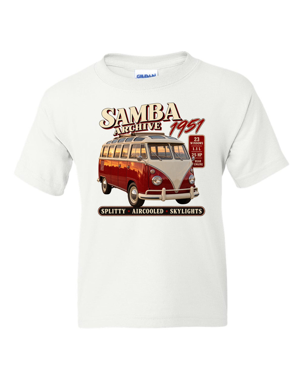 Archive panel print of a VW T1 Samba bus front three-quarter with 23 windows text white kids tee front view with the design