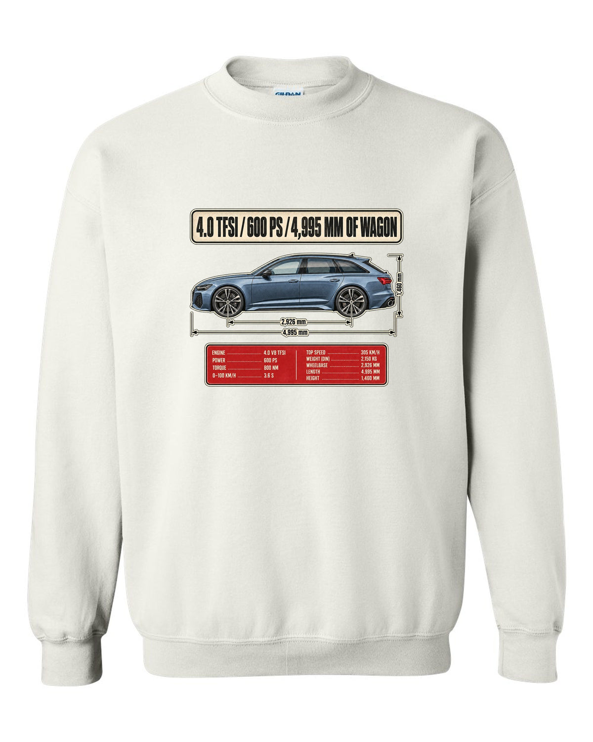 Audi RS6 Avant C8 wagon dimension blueprint print white crewneck front view with the design
