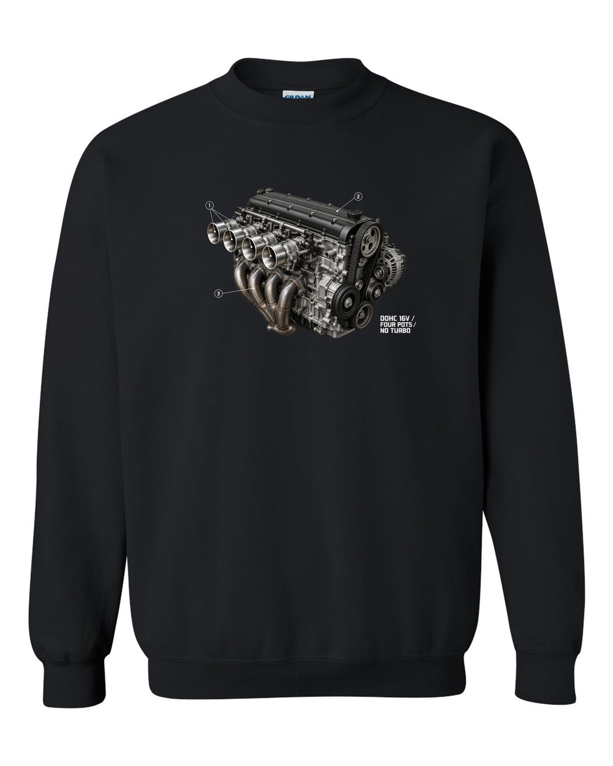 BMW E30 M3 S14 engine hero print labelled DOHC 16V four pots no turbo black crewneck front view with the design