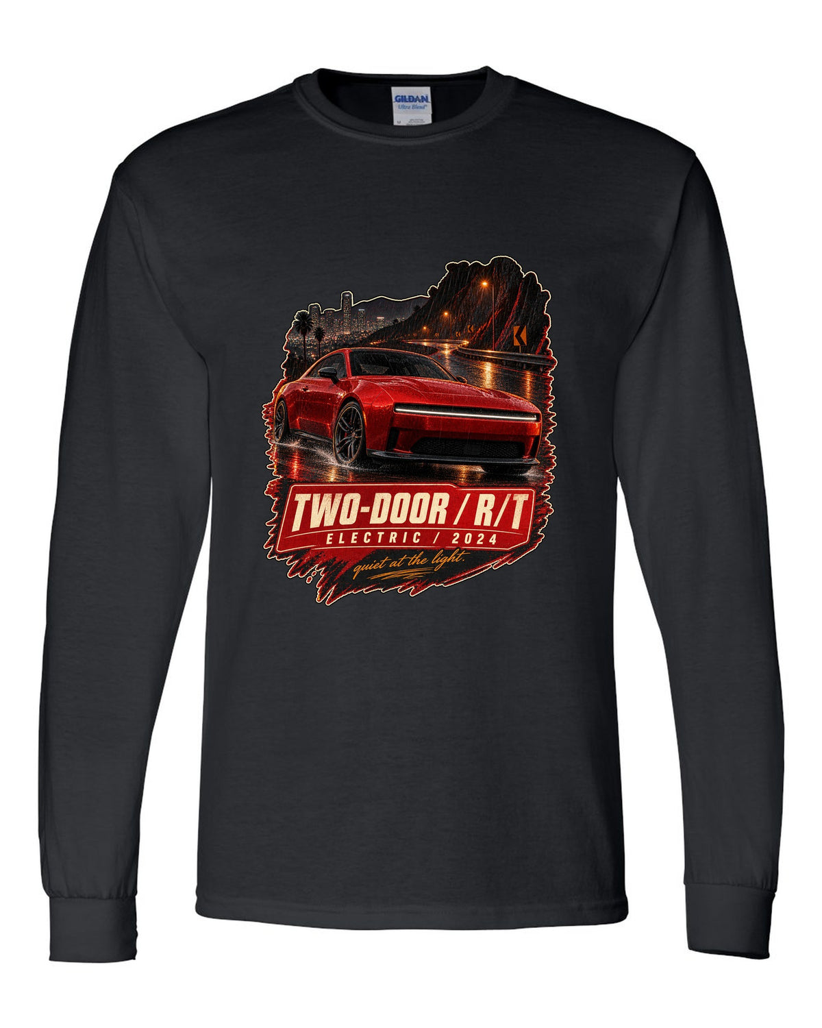 print of a 2024 Dodge Charger Daytona R/T on a night street black long sleeve front view with the design