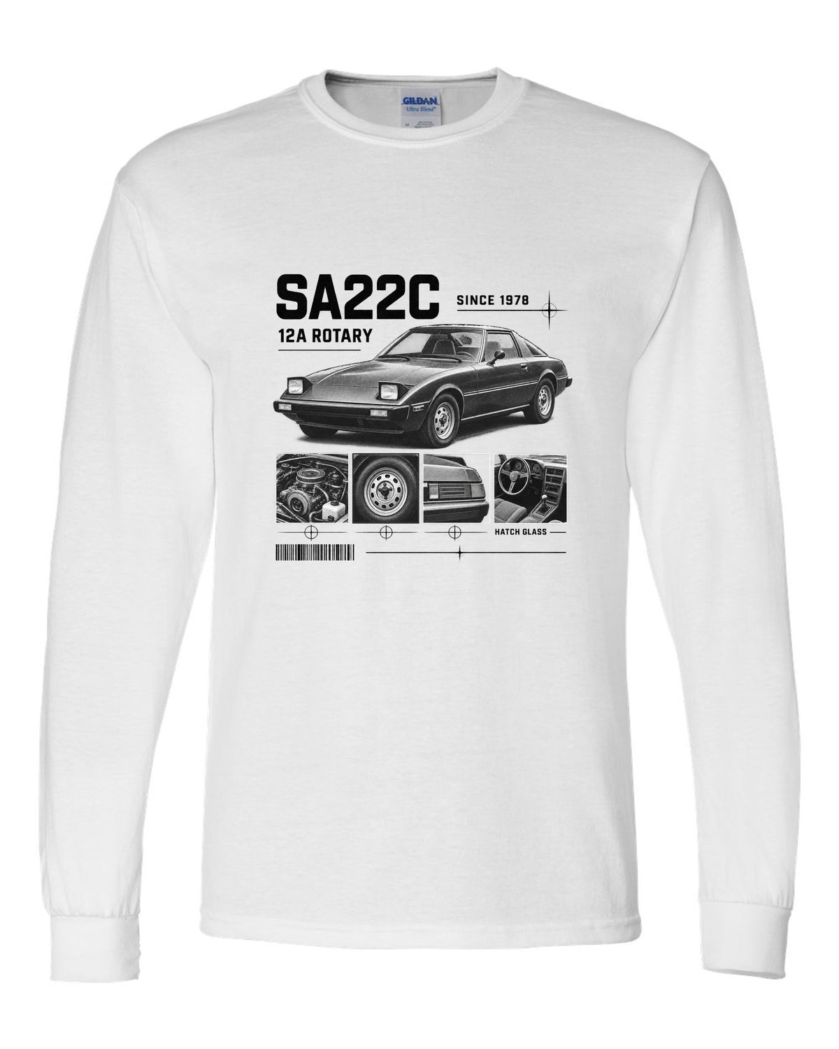 Dossier panel print of a Mazda RX-7 SA22C with 12A rotary lettering white long sleeve front view with the design