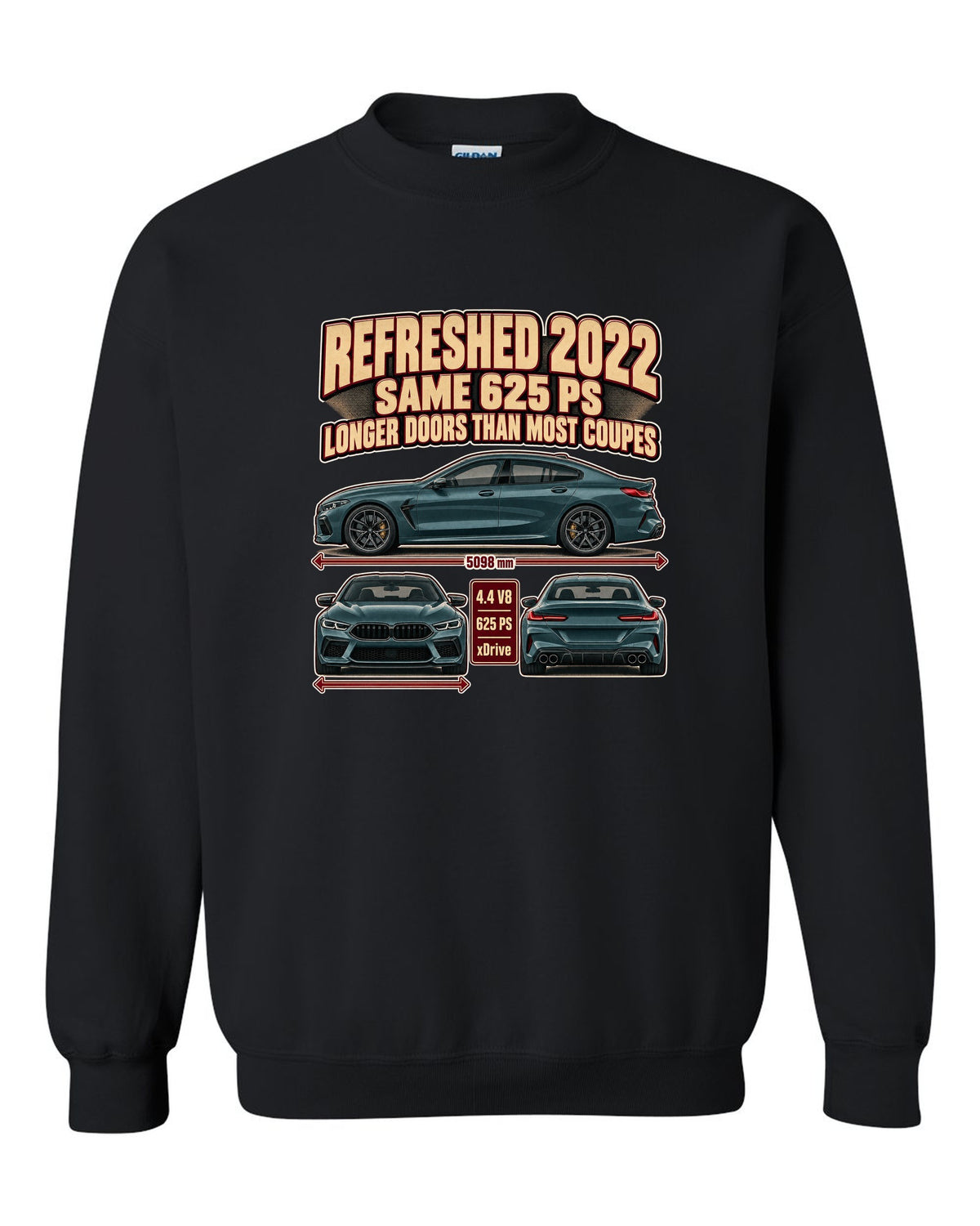 BMW M8 Competition Gran Coupe F93 2022 three-view print on a tee black crewneck front view with the design