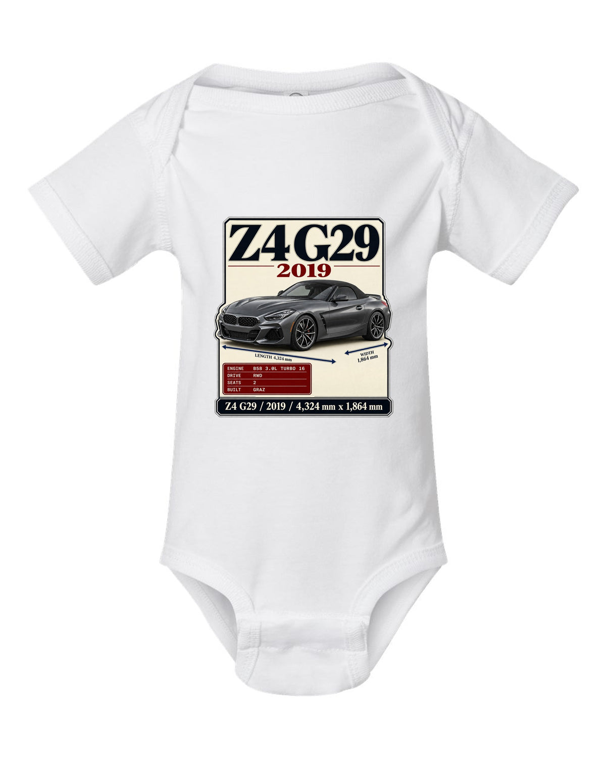 Archive plate print of the BMW Z4 G29 M40i First Edition with 2019 and dimensions white baby onesie front view with the design