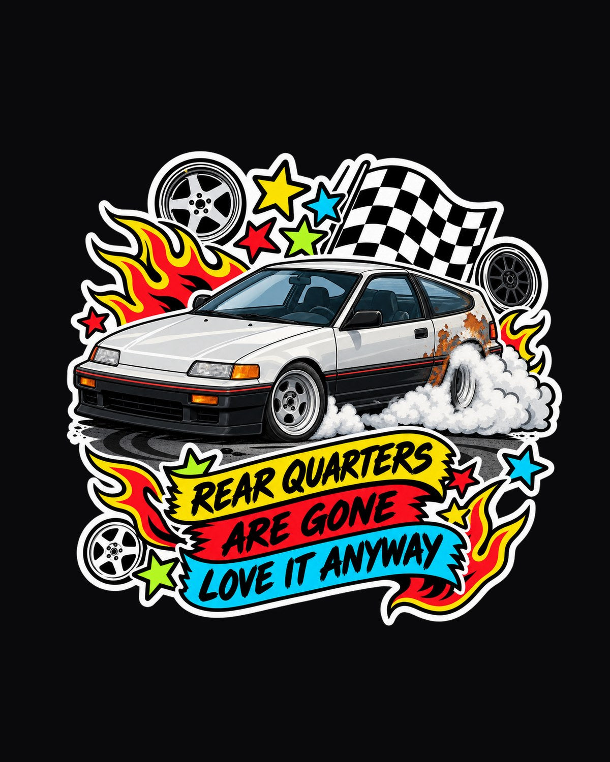 Sticker-Bomb Honda CRX EF8 Rear Quarter Rust Joke Tee design only