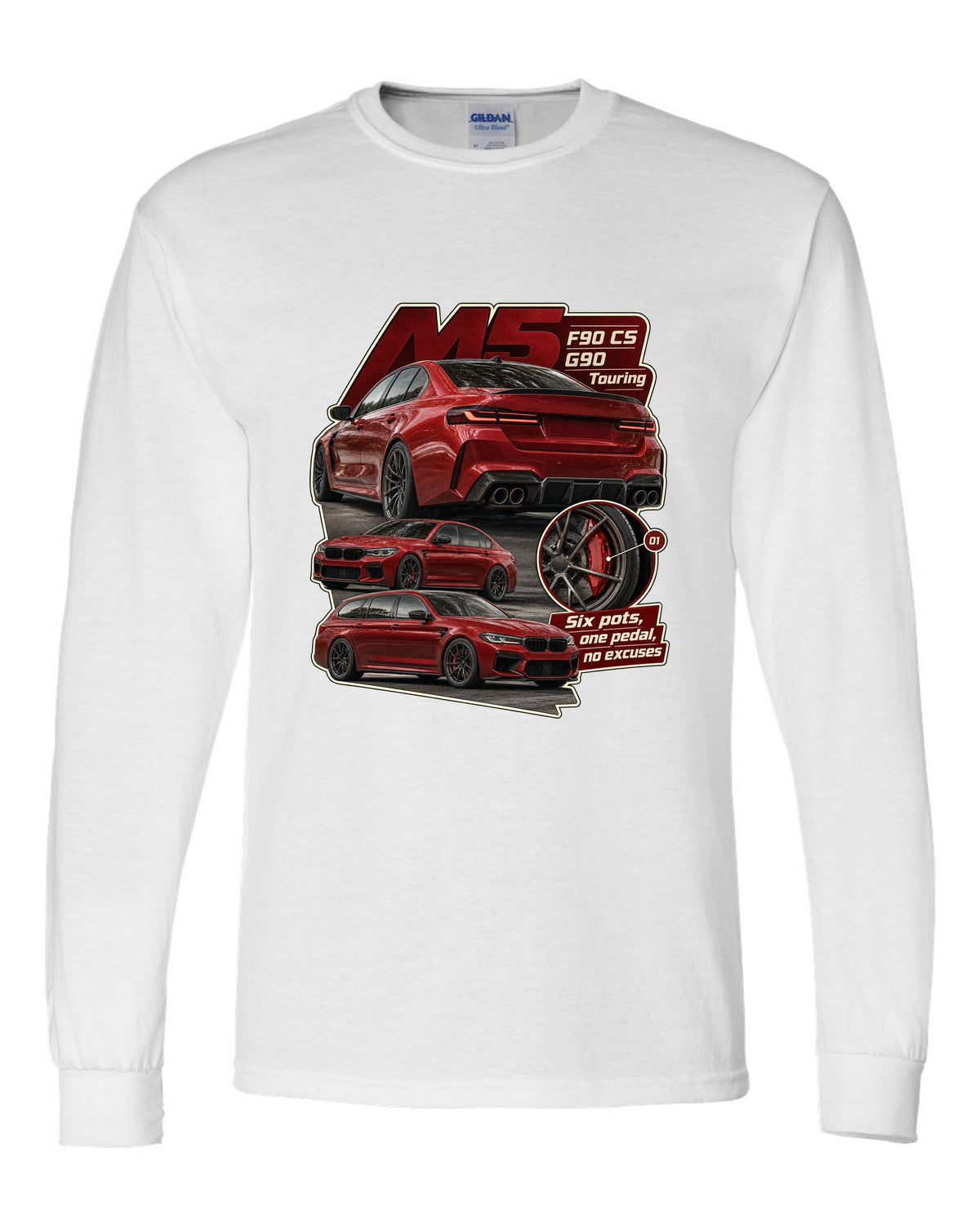 BMW M2 G87 in Toronto Red taillight macro print with six pots one pedal caption white long sleeve front view with the design