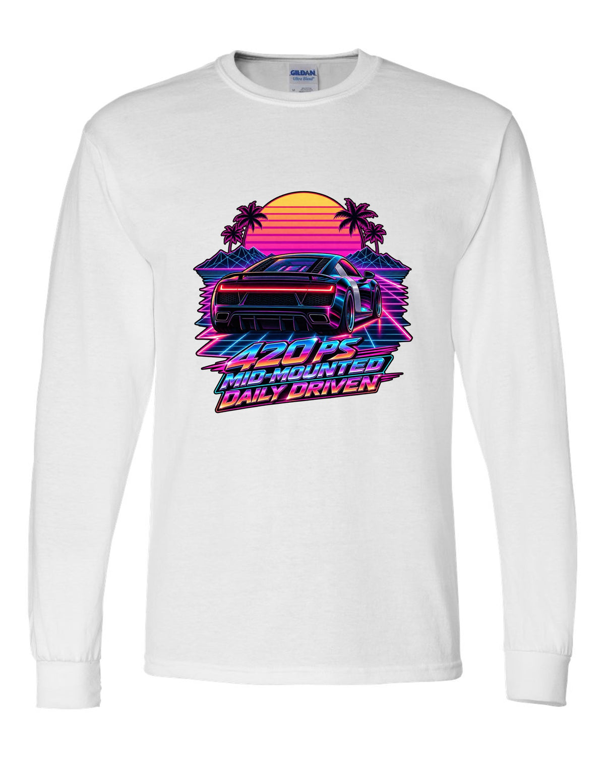 80s synthwave print of an Audi R8 Type 42 rear lights with Daily Driven text white long sleeve front view with the design