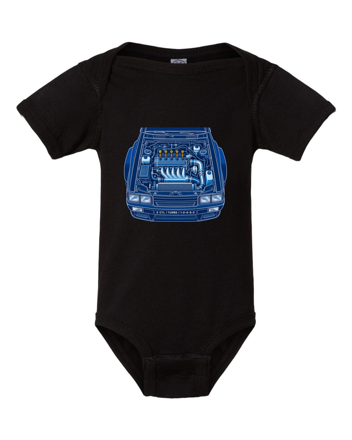 Cyanotype blueprint print of an Audi Ur-Quattro Type 85 with firing order text black baby onesie front view with the design