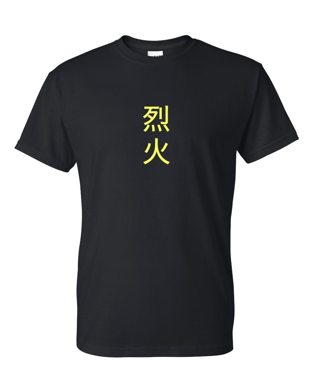 black t-shirt front view with small kanji mark