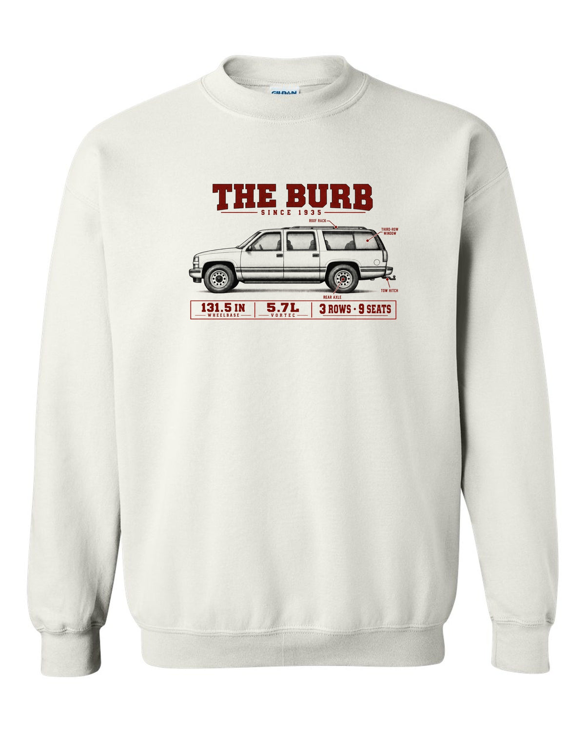 1992-99 Chevy Suburban GMT400 spec poster print white crewneck front view with the design