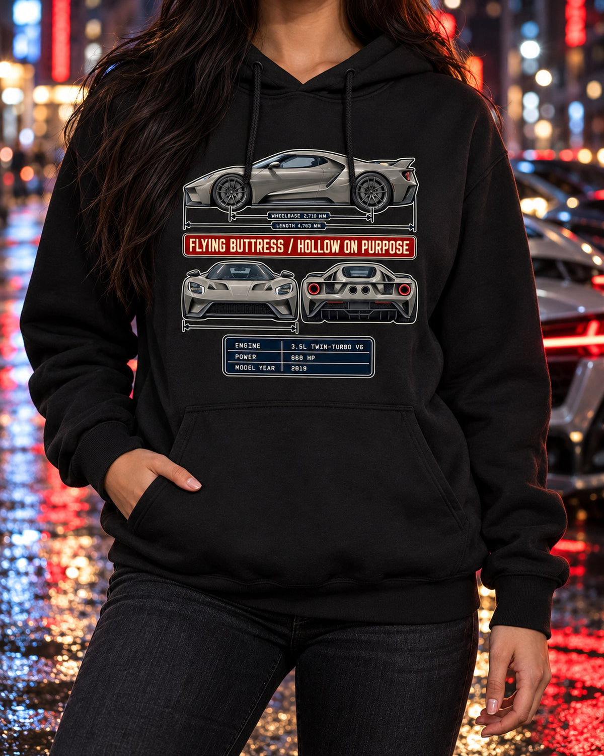 Ford GT 2019 Three-View Spec Table Tee, Flying Buttress Shirt Pull Over Hoodie Black worn hero