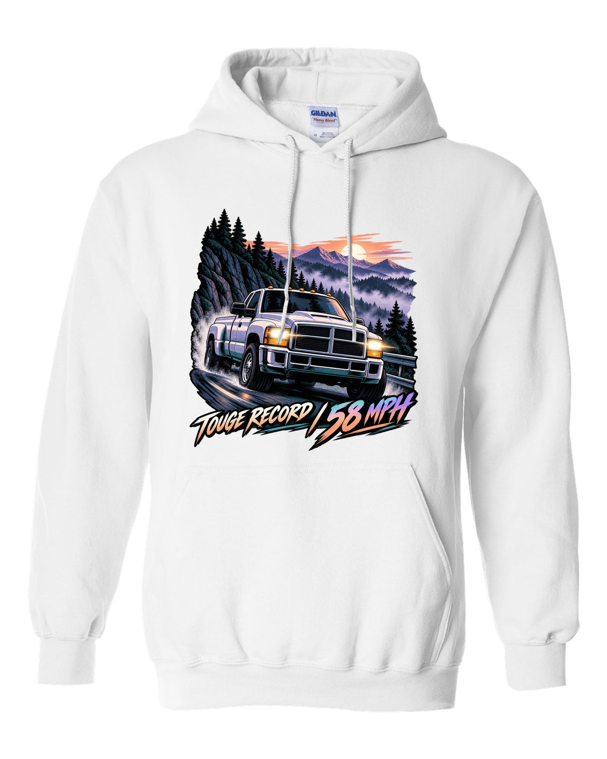 Cel-shaded anime night touge print of a 1994-1998 Dodge Ram 2500 12V Cummins white pull over hoodie front view with the design